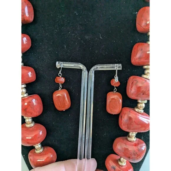 Red Beaded Necklace & Earrings Set With Gold Details By Chicos - Adjustable Chai - Picture 8 of 12